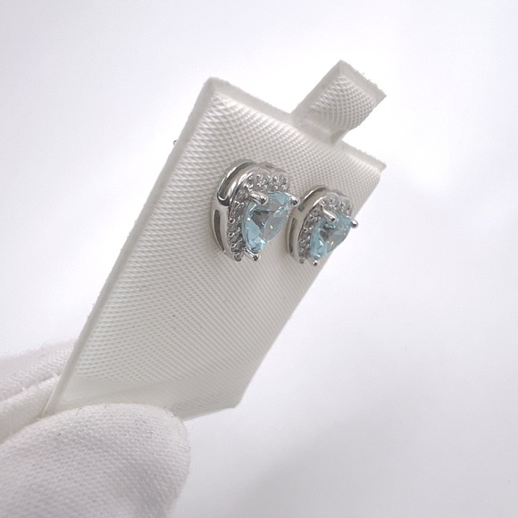 .925 Sterling Silver Aquamarine Cz & Clear Cz Heart Earrings - Picture 9 of 16